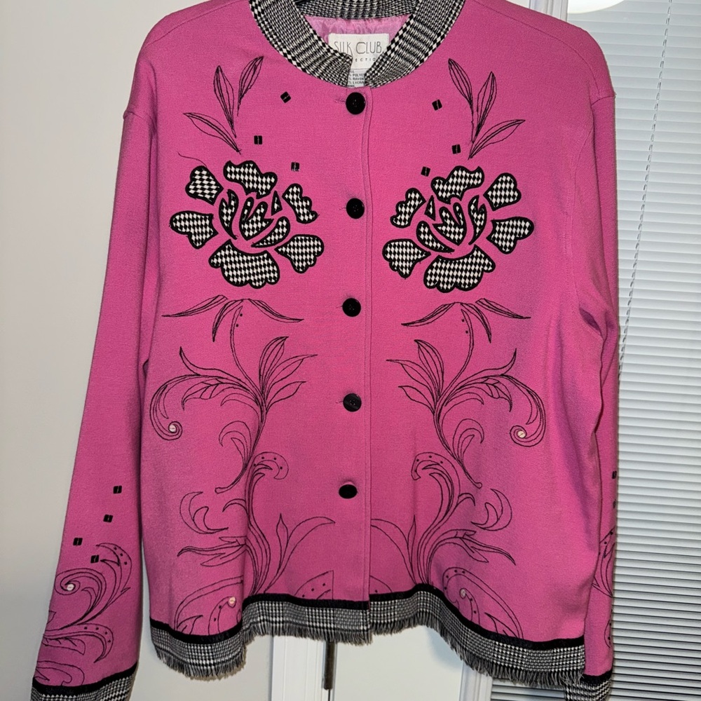 Silk Club Collection Women's Fuchsia Pink Blazer Jacket Black/White Trim Size XL